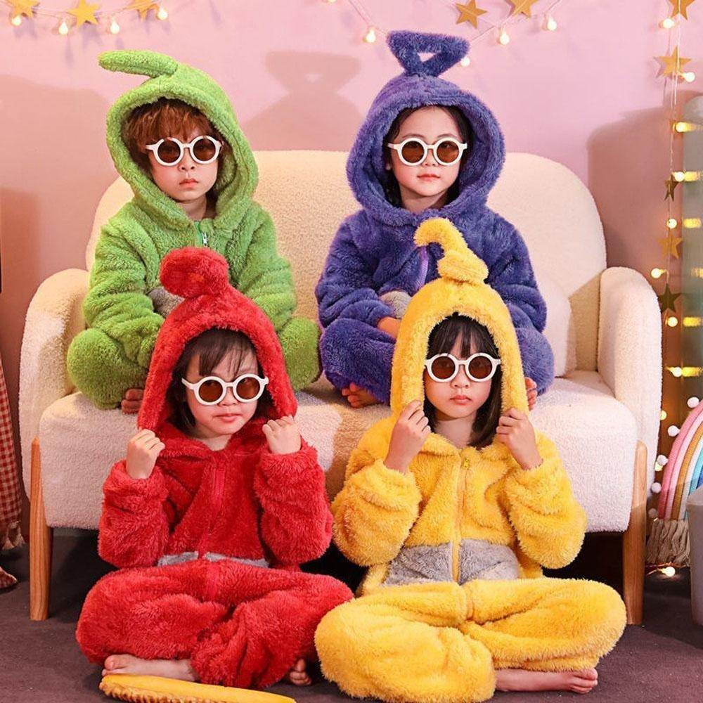 Teletubbies Tinky Winky Dipsy Po Laa-Laa Coral Fleece Onesies Pajamas for Adults Kids - Azufun