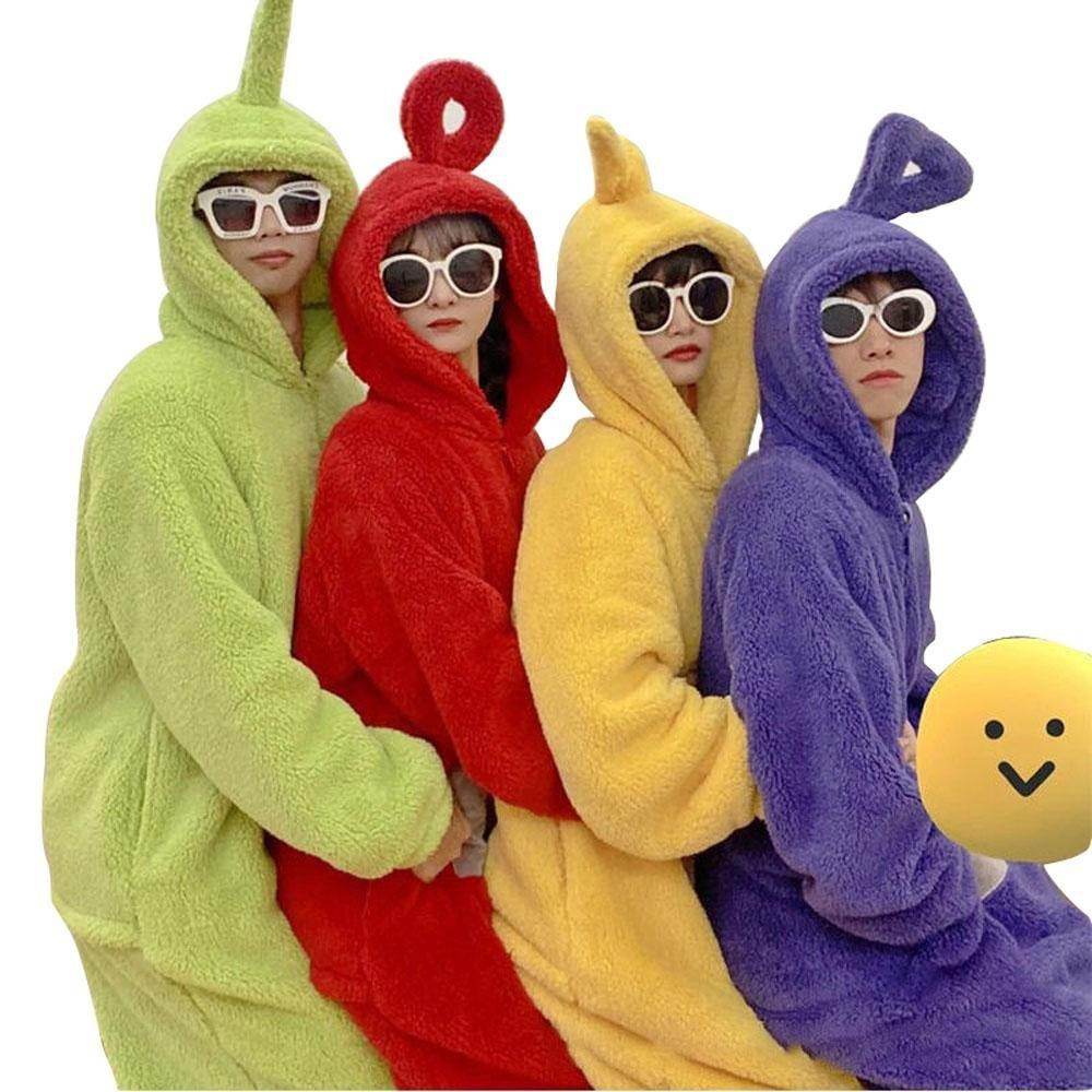 Teletubbies Tinky Winky Dipsy Po Laa-Laa Coral Fleece Onesies Pajamas for Adults Kids - Azufun